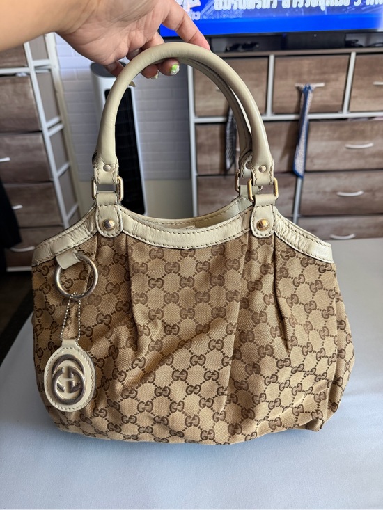 Gucci Handbags - Gucci Beige Brown GG Canvas Shoulder Bag with Leather Trim